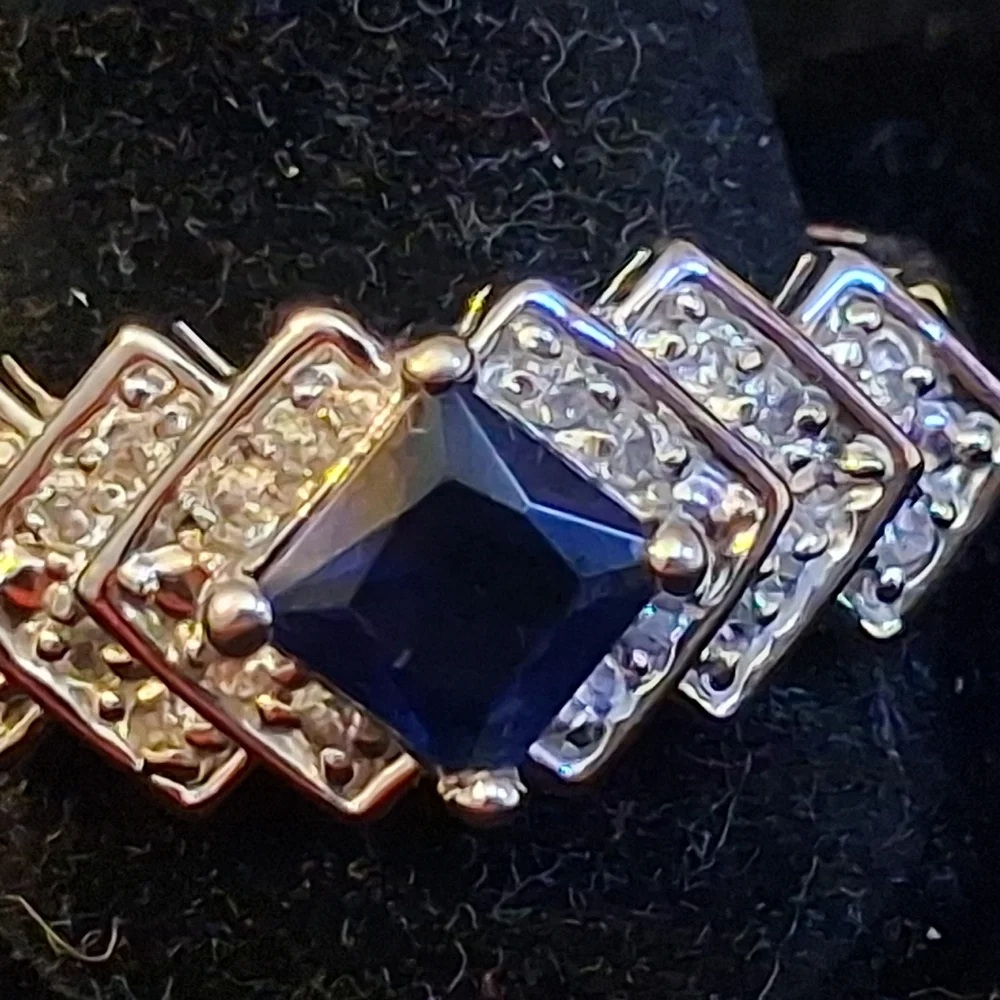 Sterling Silver Women's Ring With Faux Sapphire And Diamonds Size 10 3/4